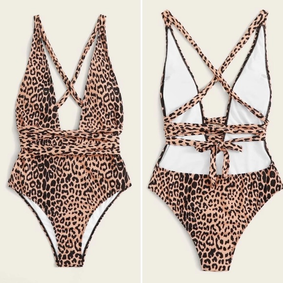 Leopard Criss Cross One Piece Swimwear - Picture 2 of 6